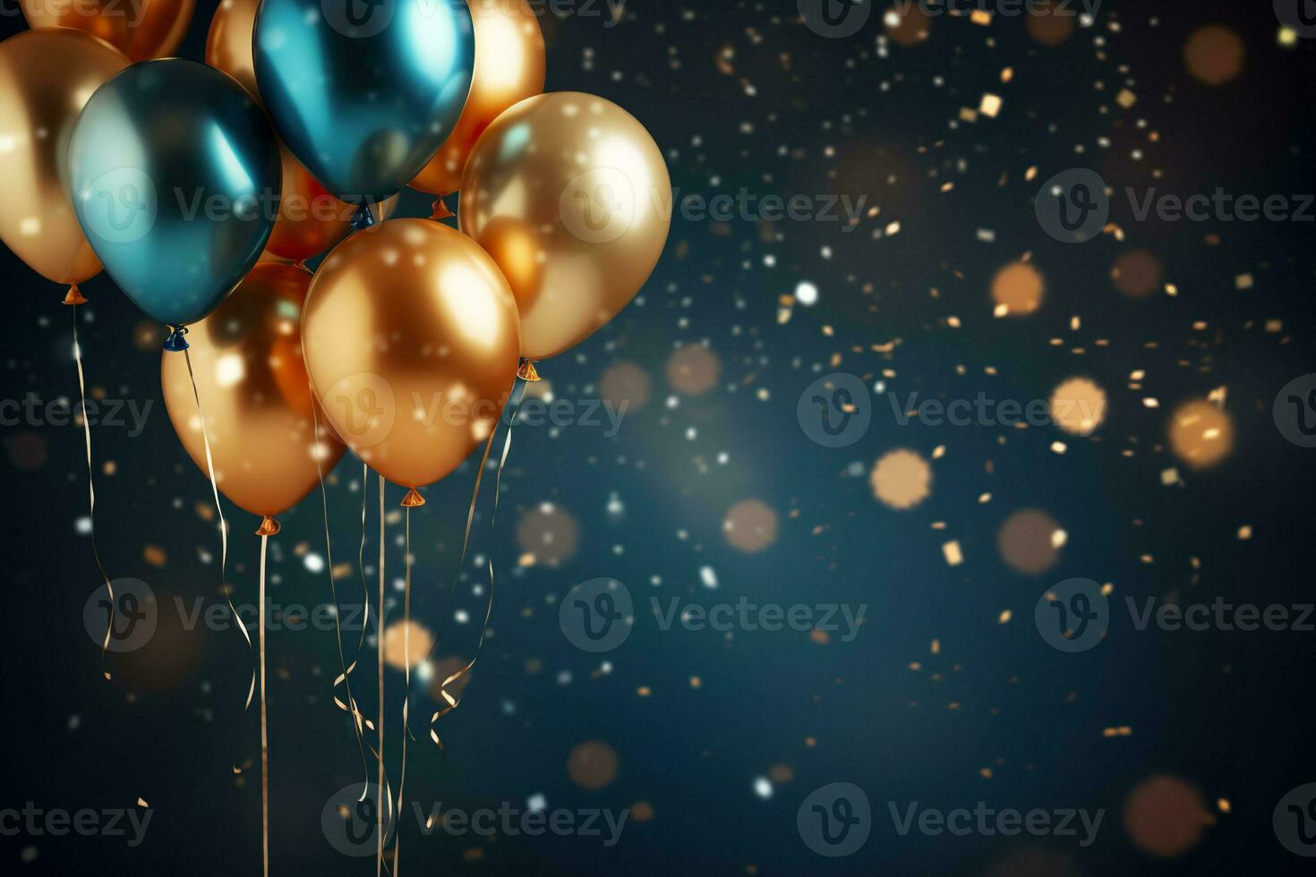 Colorful balloons on black background. Generative AI. photo