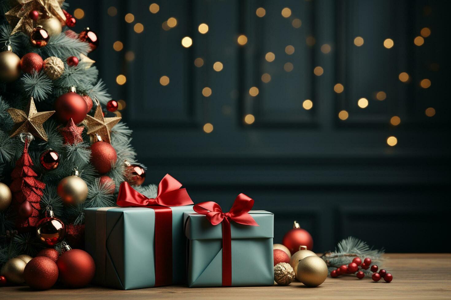 Ai Generative Background of christmas tree and red gift box on a christmas empty background with copy space photo