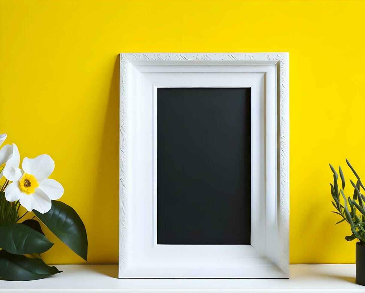 White blank frame mockup on yellow wall and flower ai generate photo