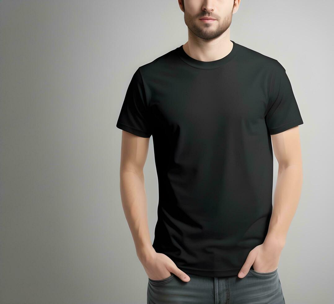 Young man wearing blank black t shirt mockup print presentation mockup ai generate photo