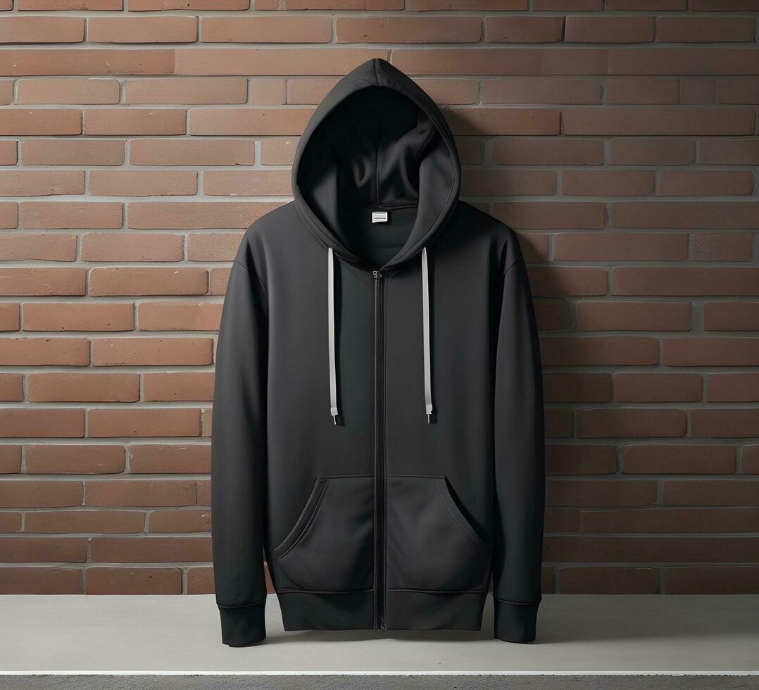 Hanging black hoodie Mockup With brick Background ai generate photo