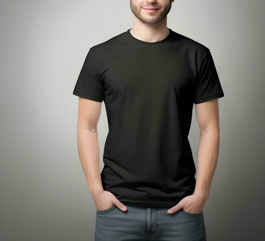Young man wearing blank black t shirt mockup print presentation mockup ai generate photo