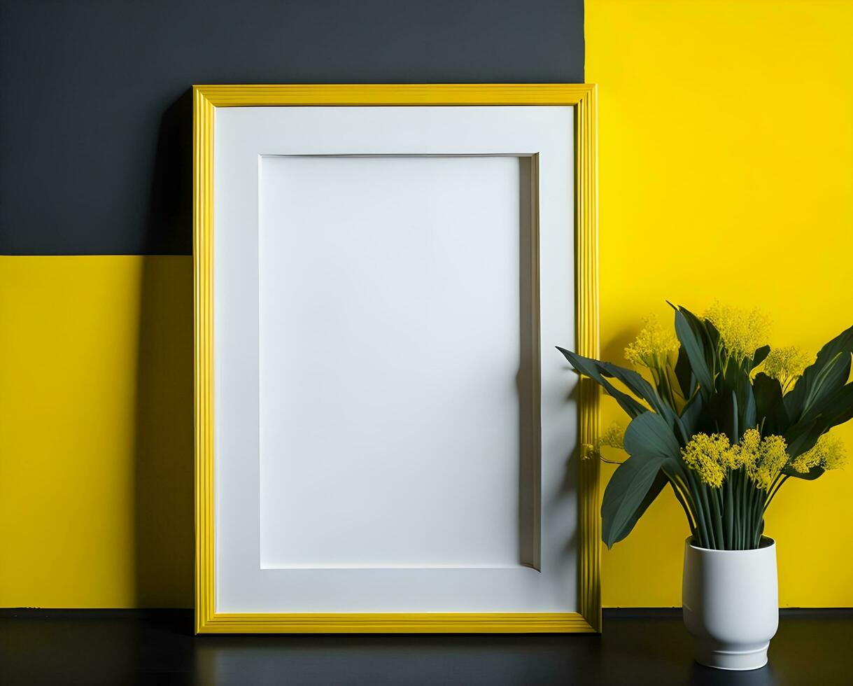White blank frame mockup on yellow wall and flower ai generate photo