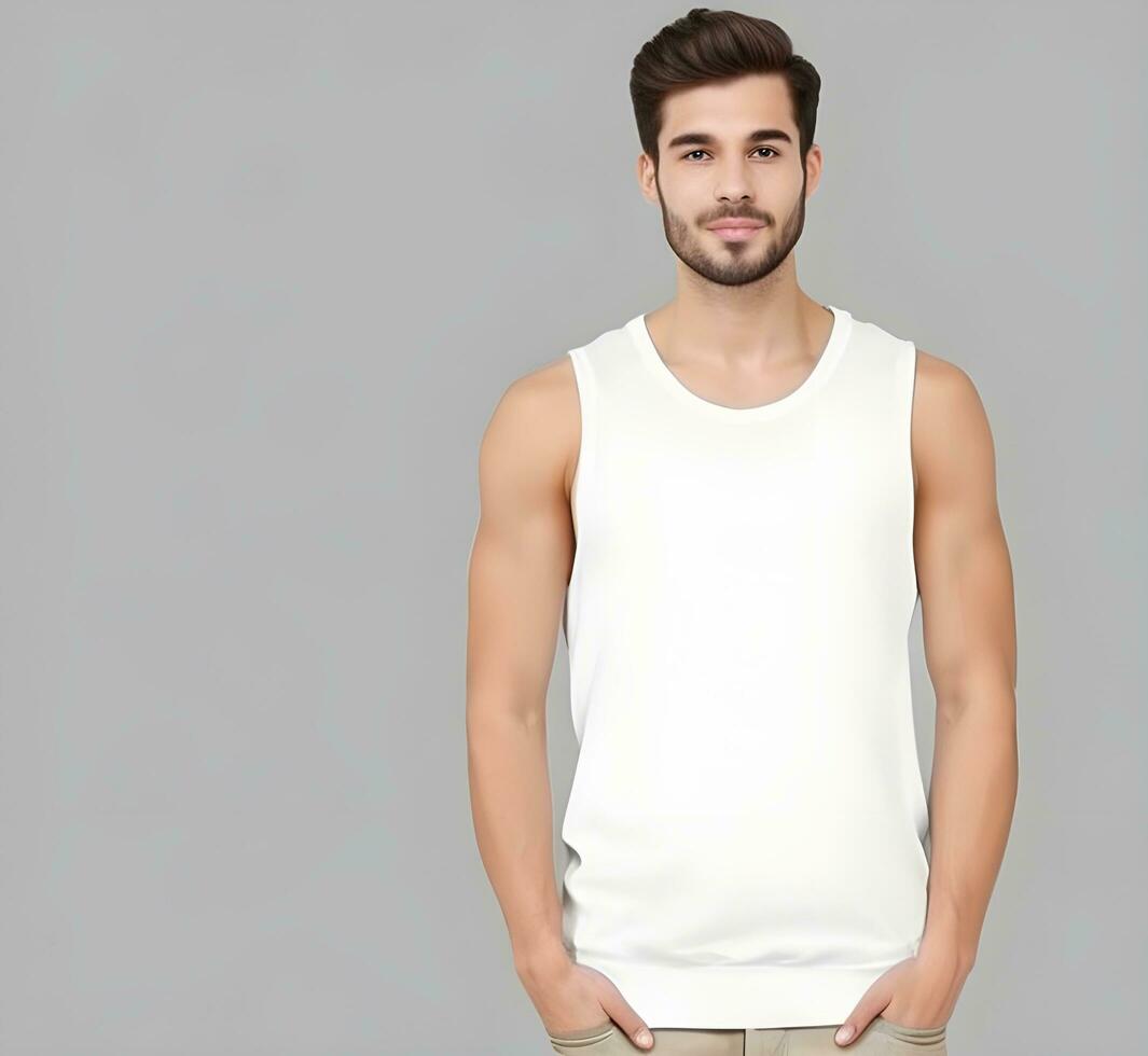 Young man wearing blank white tank top mockup print presentation mockup ai generate photo