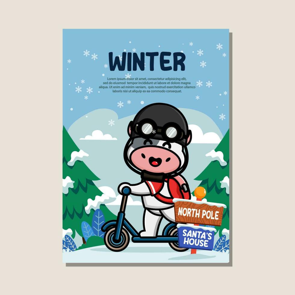 Poster template for winter with cute cow vector