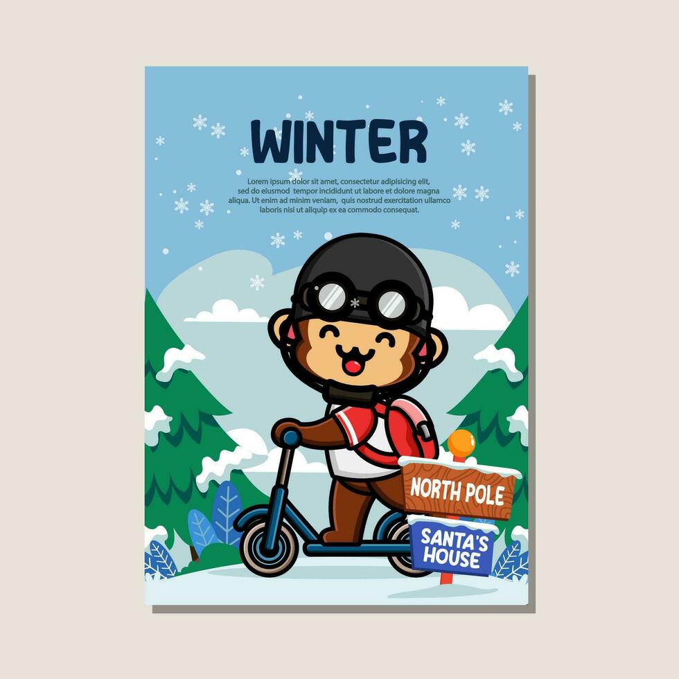 Poster template for winter with cute monkey vector