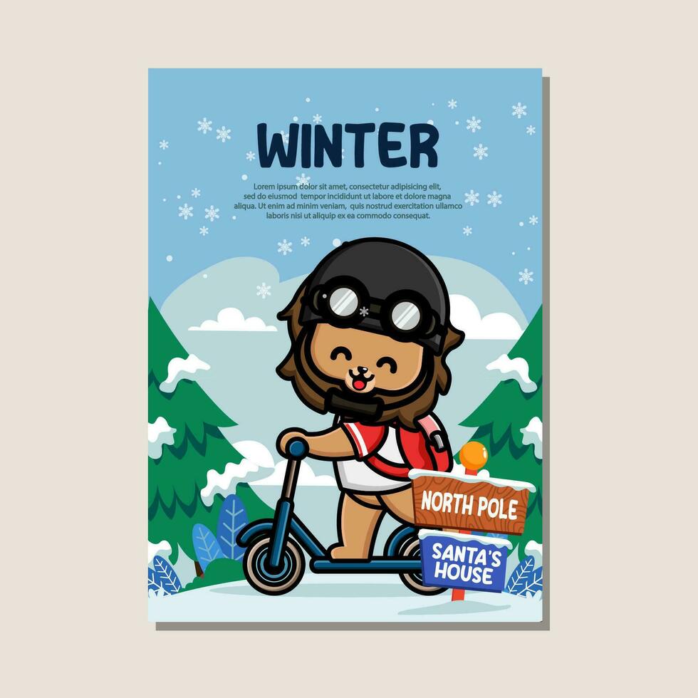 Poster template for winter with cute lion vector