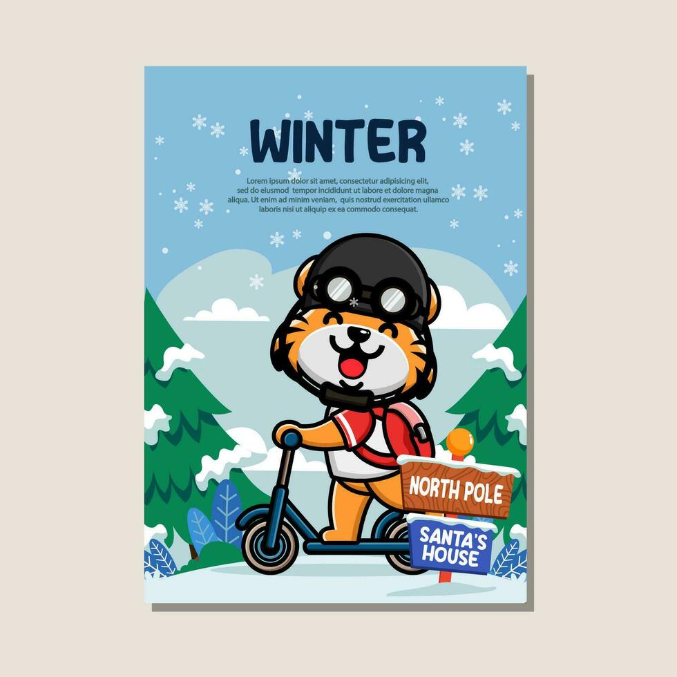 Poster template for winter with cute tiger vector