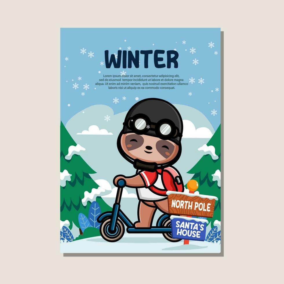 Poster template for winter with cute sloth vector
