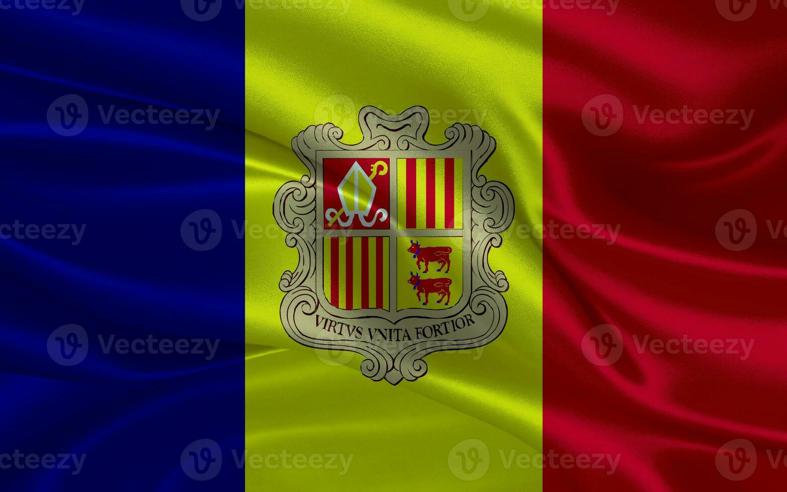 3d waving realistic silk national flag of Andorra. Happy national day Andorra flag background. close up photo