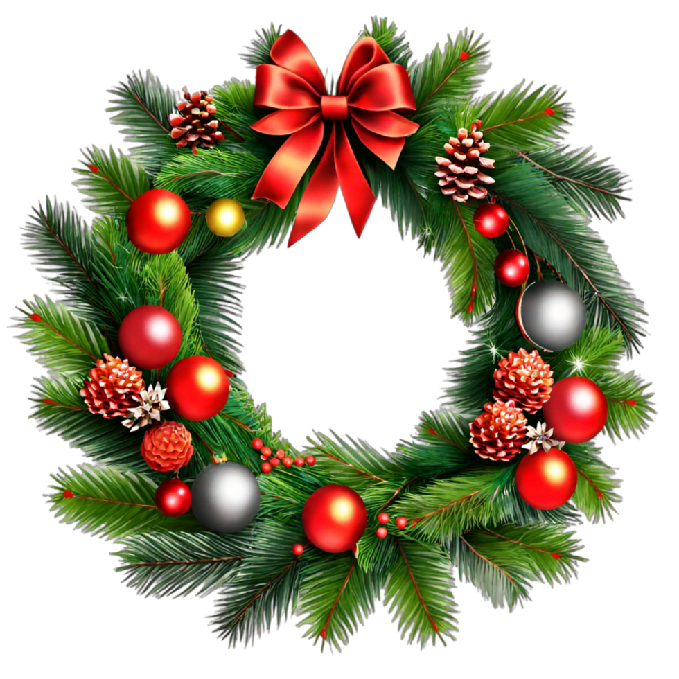Christmas wreath with leaf , flower, ribbon and lights  isolated on transparent background PNG AI Generative