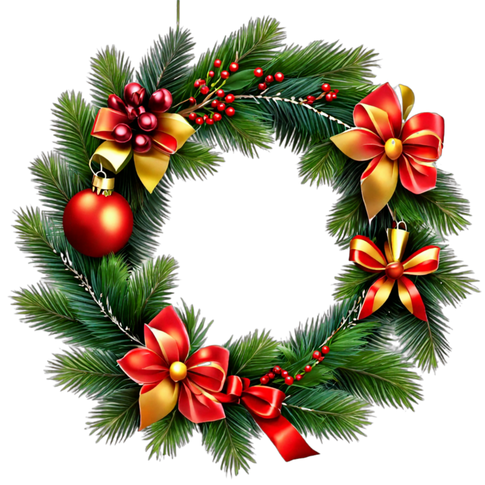 Christmas wreath with leaf , flower, ribbon and lights  isolated on transparent background PNG AI Generative