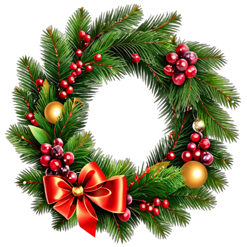 Christmas wreath with leaf , flower, ribbon and lights  isolated on transparent background PNG AI Generative