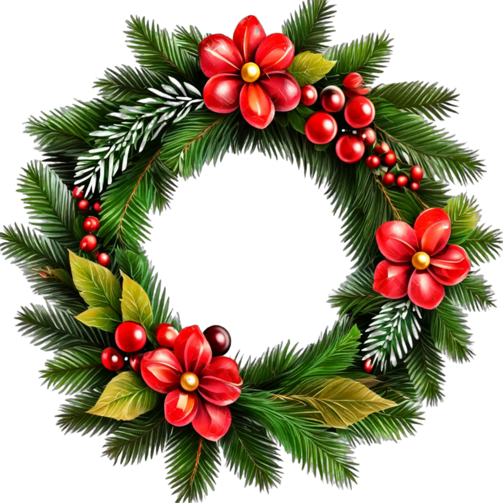 Christmas wreath with leaf , flower, ribbon and lights  isolated on transparent background PNG AI Generative
