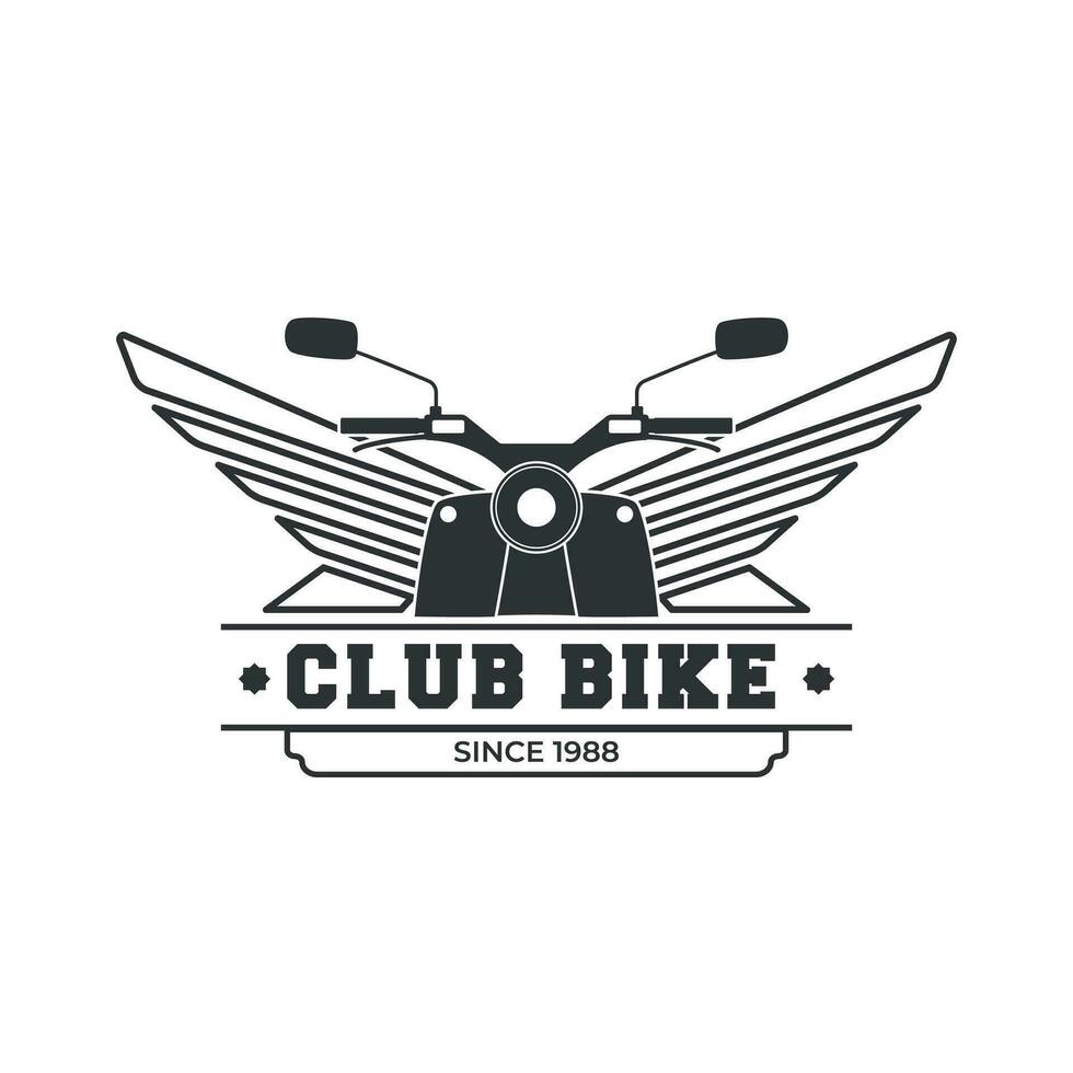 Retro Or Vintage Motorcycle Emblem Logo Design Premium Template, classic motorcycle, fly, fire, and wings element, monochrome logo badge black and white color vector