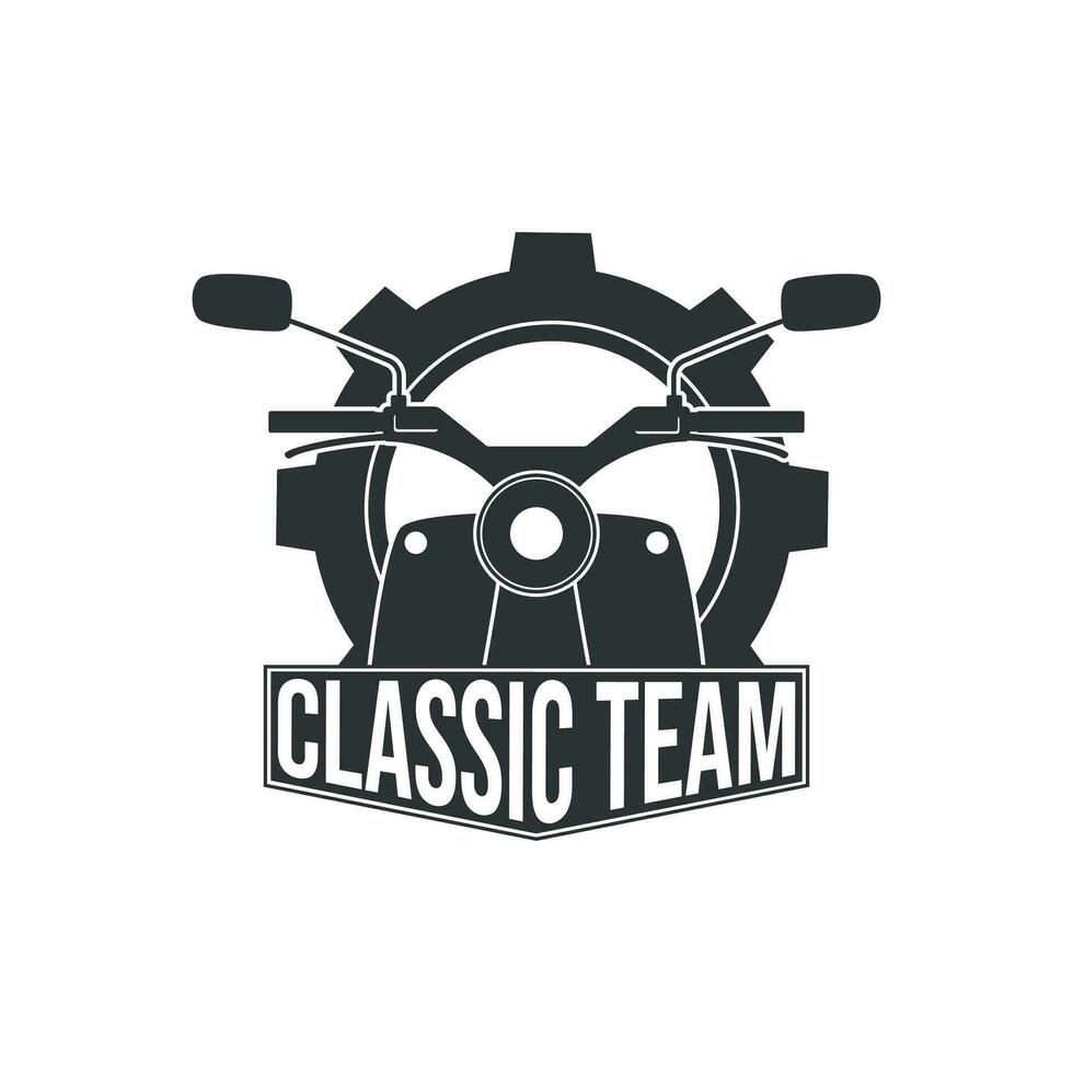 retro o Clásico motocicleta emblema logo diseño prima plantilla, clásico motocicleta, volar, fuego, y alas elemento, monocromo logo Insignia negro y blanco color vector