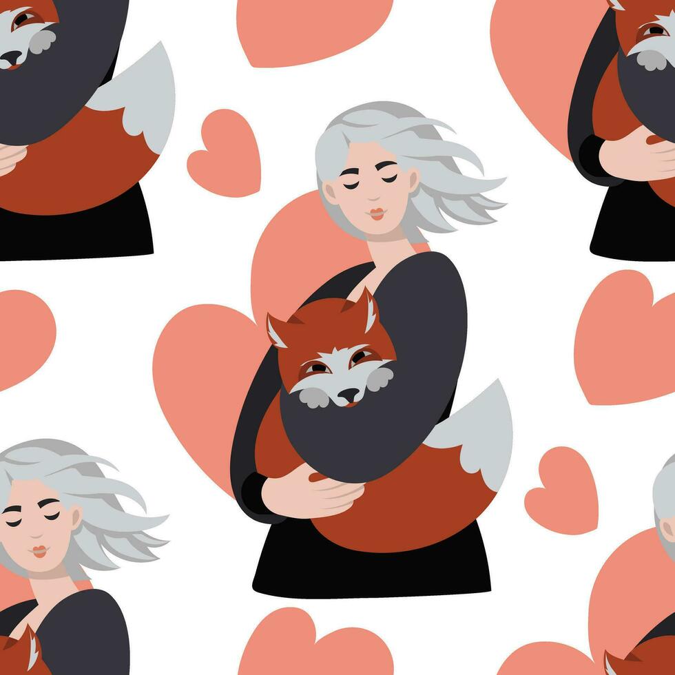 The pattern is a blonde girl with a fox in her hands on a white background with a heart. A girl with an animal caring for her neighbor. Animals in the hands of a blonde. Portrait of a cartoon girl vector