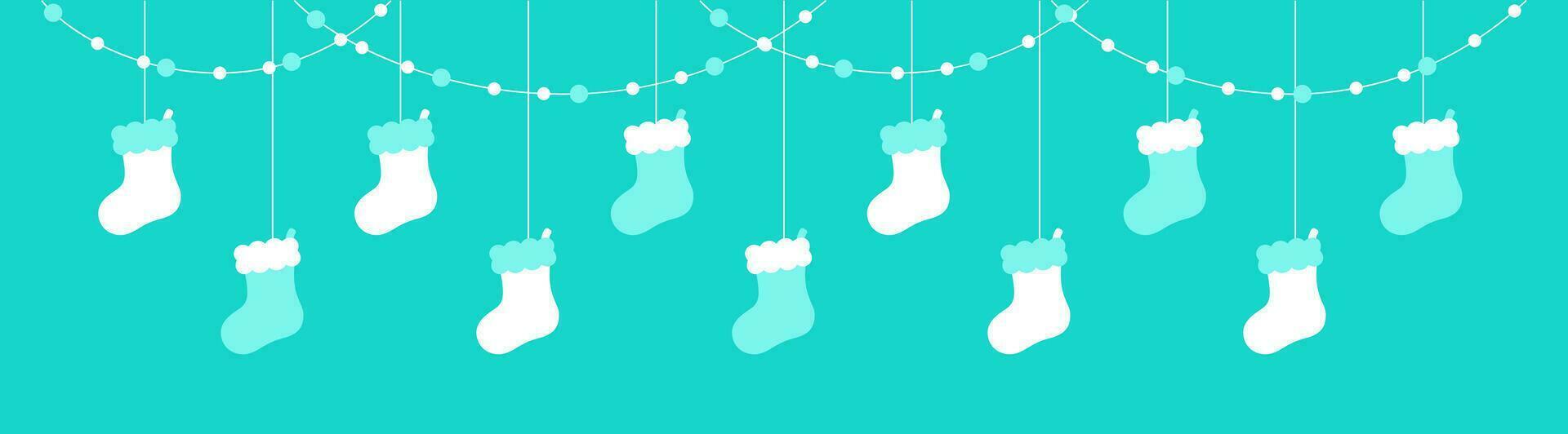 Merry Christmas Border Banner, Hanging Stockings Garland. Winter Holiday Season Header Decoration. Web Banner Template. Vector illustration.