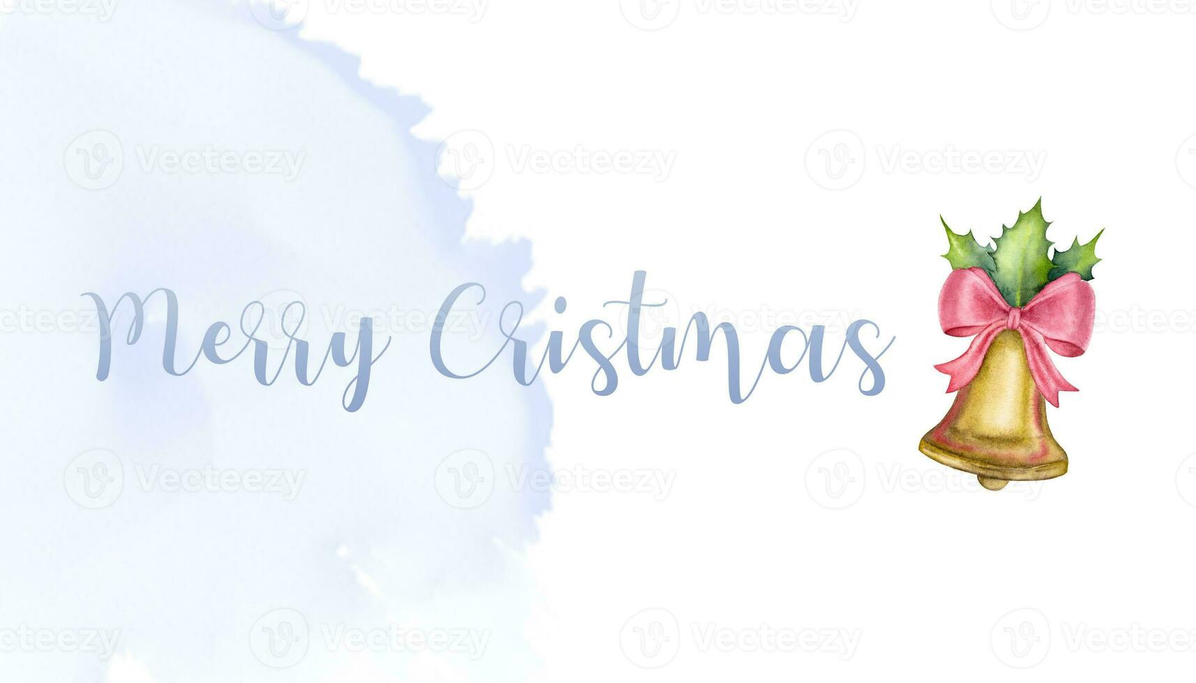 Watercolor Christmas background with Merry Christmas inscription and a bell. Merry Christmas poster. photo