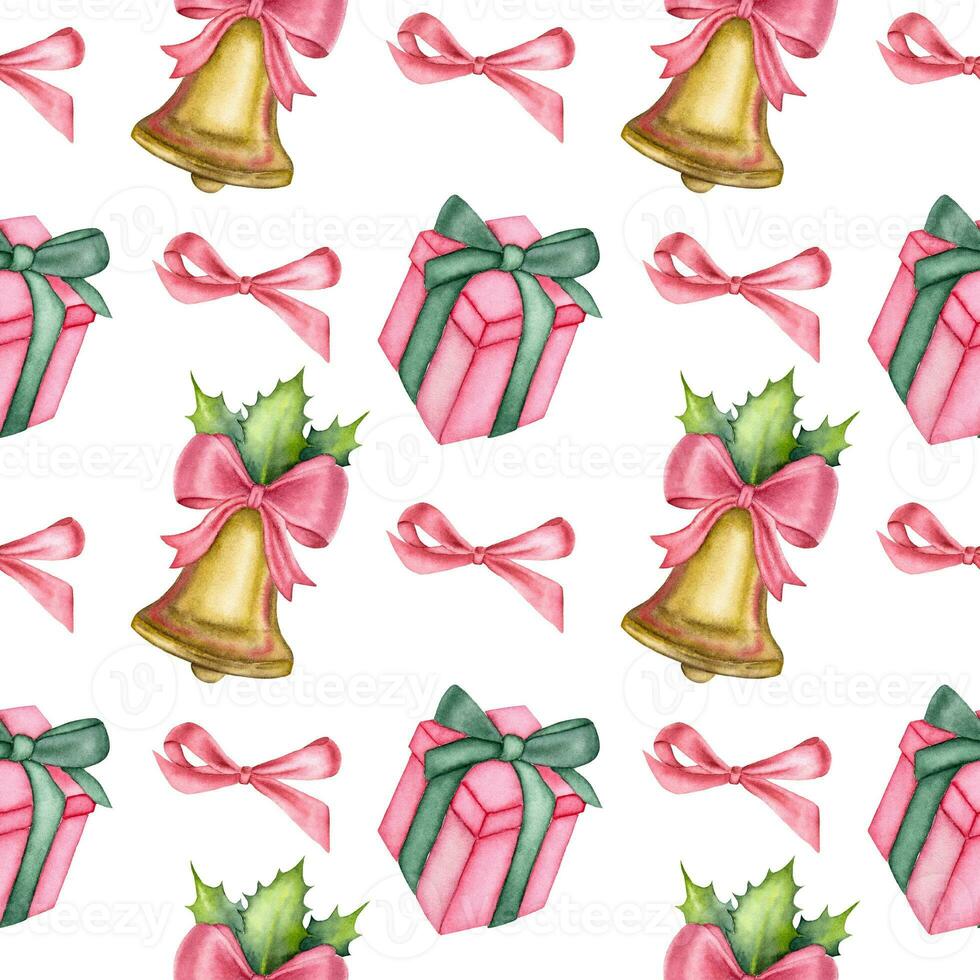 Watercolor Christmas pattern with a present, red bow and a bell on the white background. Retro watercolor Christmas pattern. photo