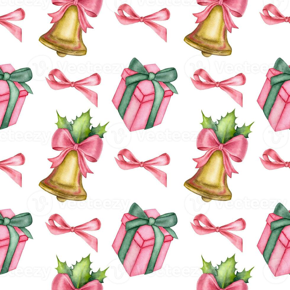 Watercolor Christmas pattern with a present, red bow and a bell on the white background. Retro watercolor Christmas pattern. photo