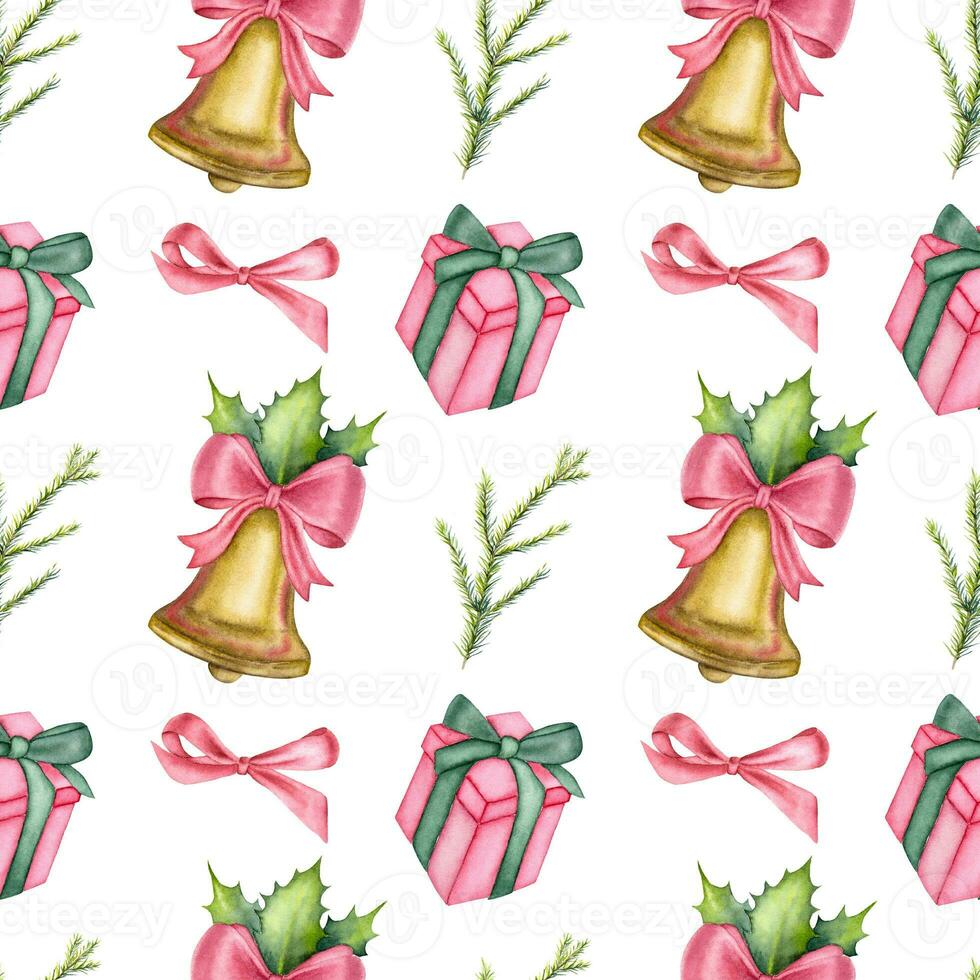 Watercolor Christmas pattern with a present, red bow, pine tree branch and a bell on the white background. Retro watercolor Christmas pattern. photo