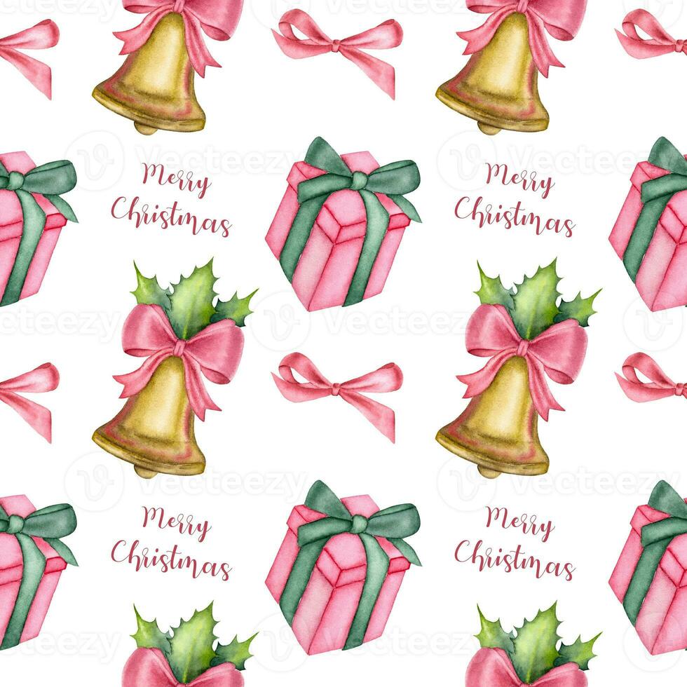 Watercolor Christmas pattern with a present, red bow, Merry Christmas inscription and a bell on the white background. Retro watercolor Christmas pattern. photo