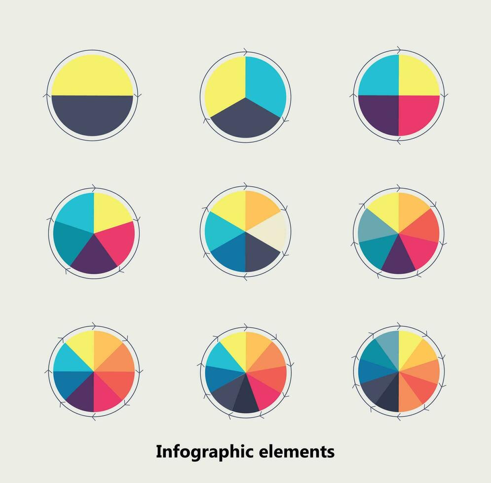 Infographic elements. Pie charts with thin line arrows. Set of flat pie charts with 2, 3, 4, 5, 6, 7, 8, 9, 10 steps, options, parts, processes. Vector business templates for presentation.