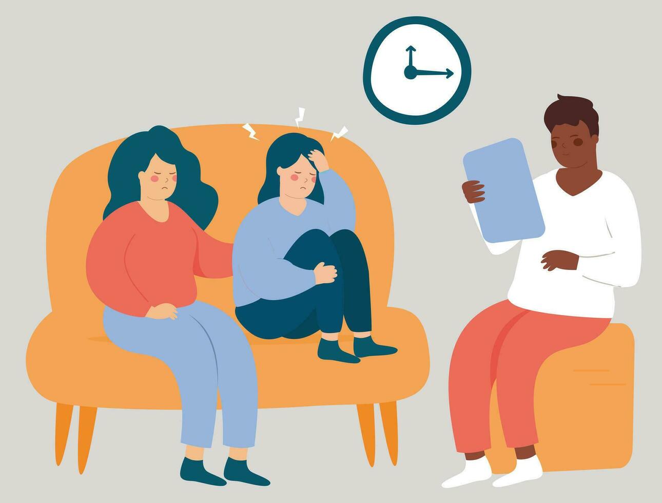 Couple with mental health disorders support each other and consult a psychotherapist. Mother cares for her daughter with stress in psychotherapy. Concept of psychology, depression, family, and LGBTQI. vector