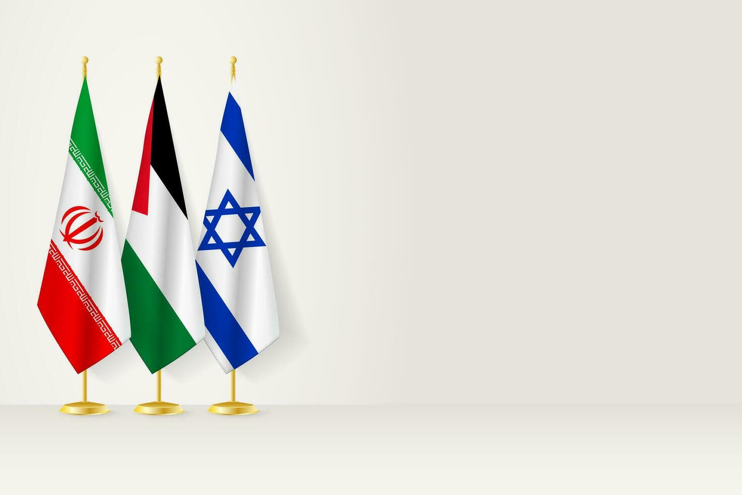 Flags of Iran, Palestine and Israel stand in row on indoor flagpole. vector