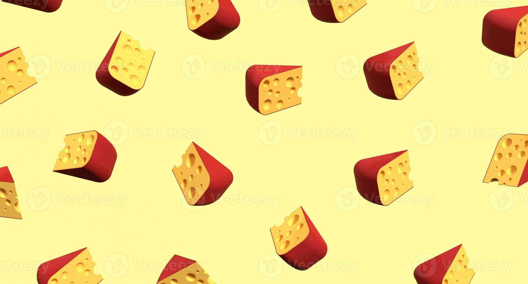 Pieces of cheese icon. Cheese pieces on yellow background. 3D render of a cheese. Cheese concept. Banner with food. 3D rendering photo