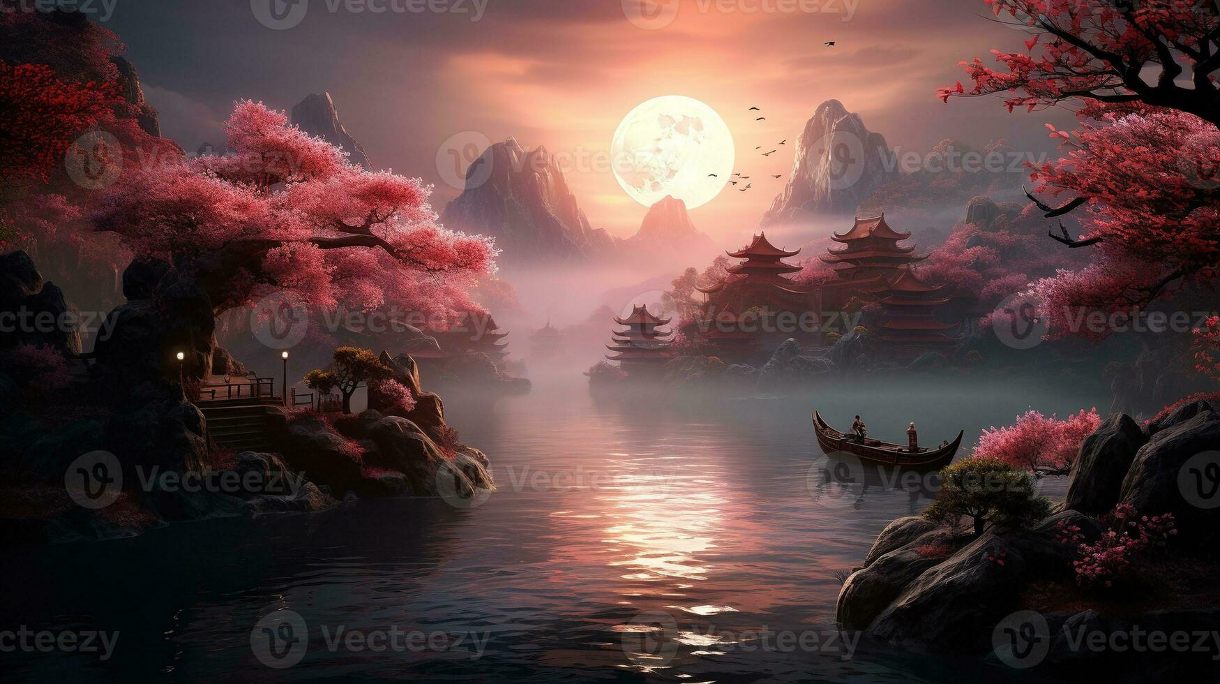 mystical landscapes of the orient, digital art illustration, Generative AI photo