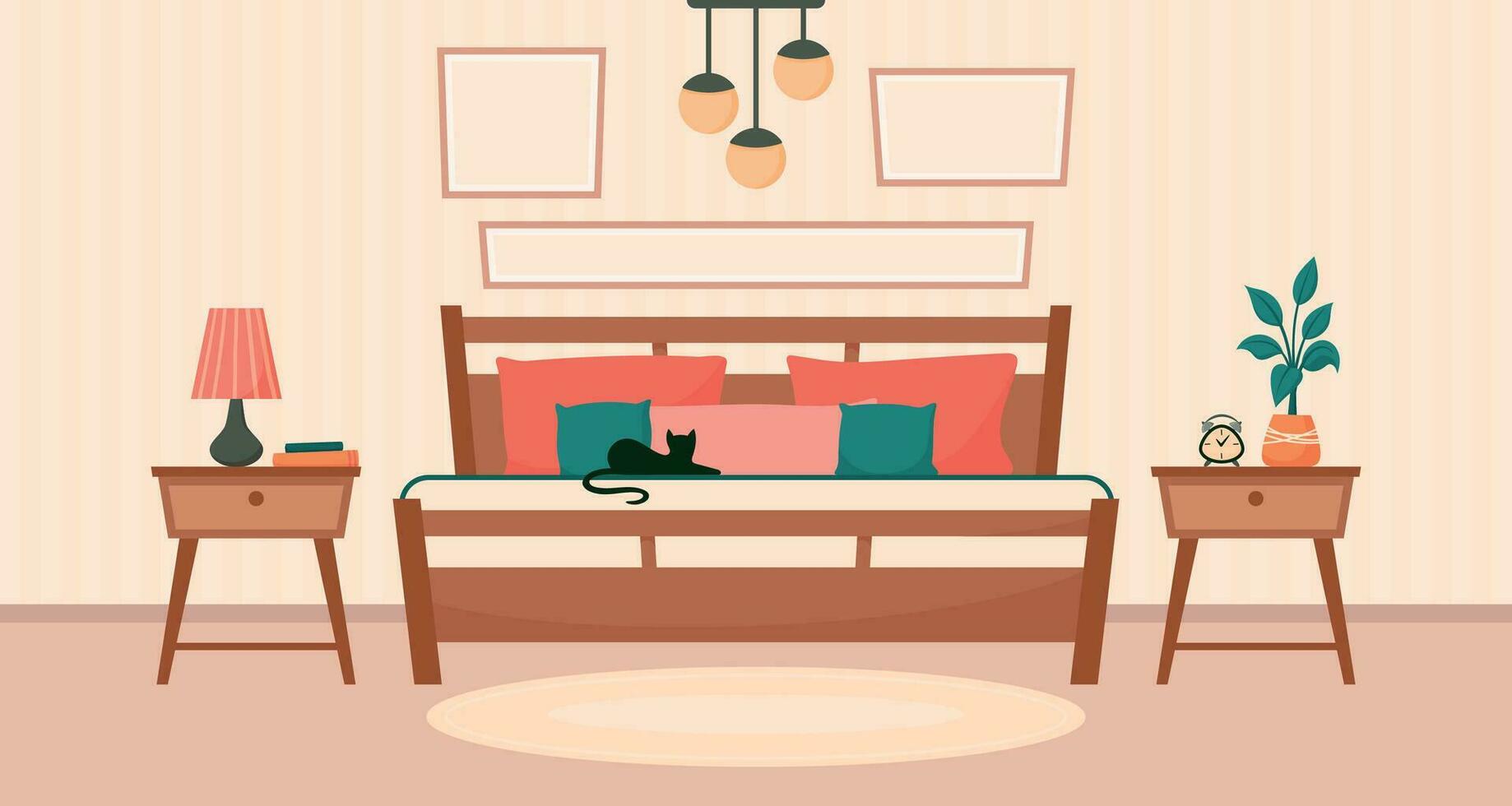 Cozy interior bedroom with bed, bedside tables, alarm clock, flowerpot, pendant light. Vector flat background template illustration