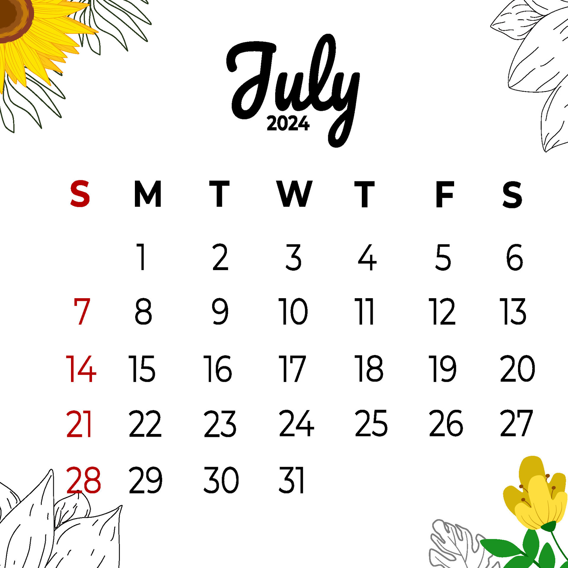 calendar July 2024 with aesthetic flowers 32749231 Vector Art at Vecteezy