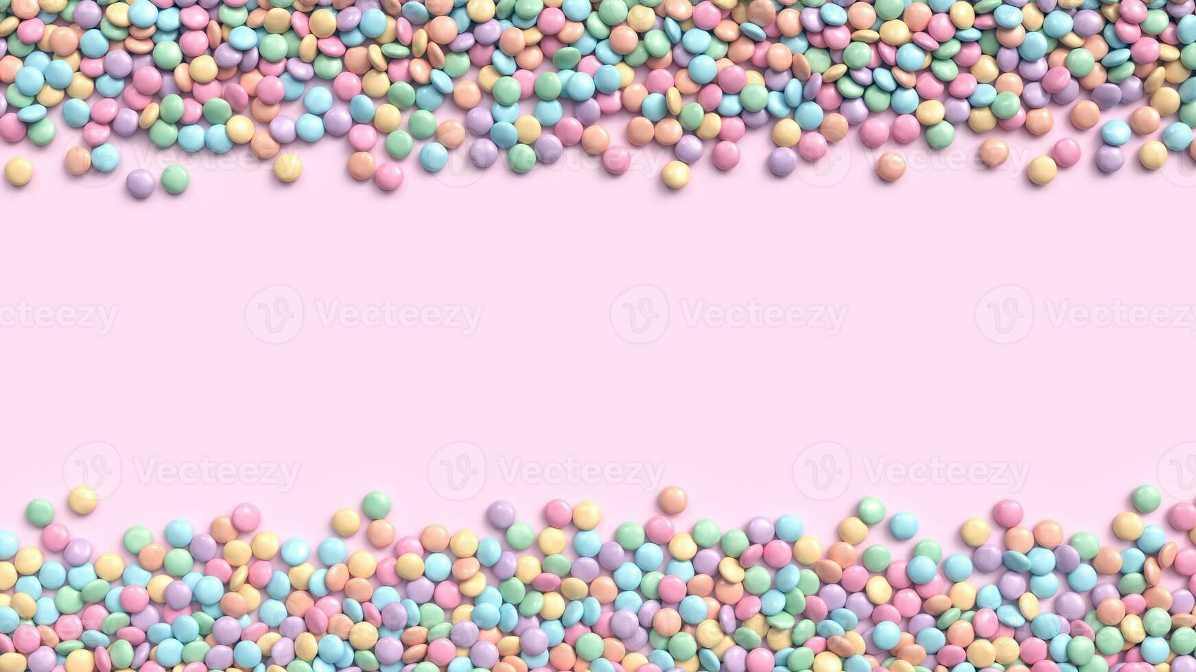 Double border of colorful coated chocolate candies in pastel tones on bright pink background. 3d illustration photo