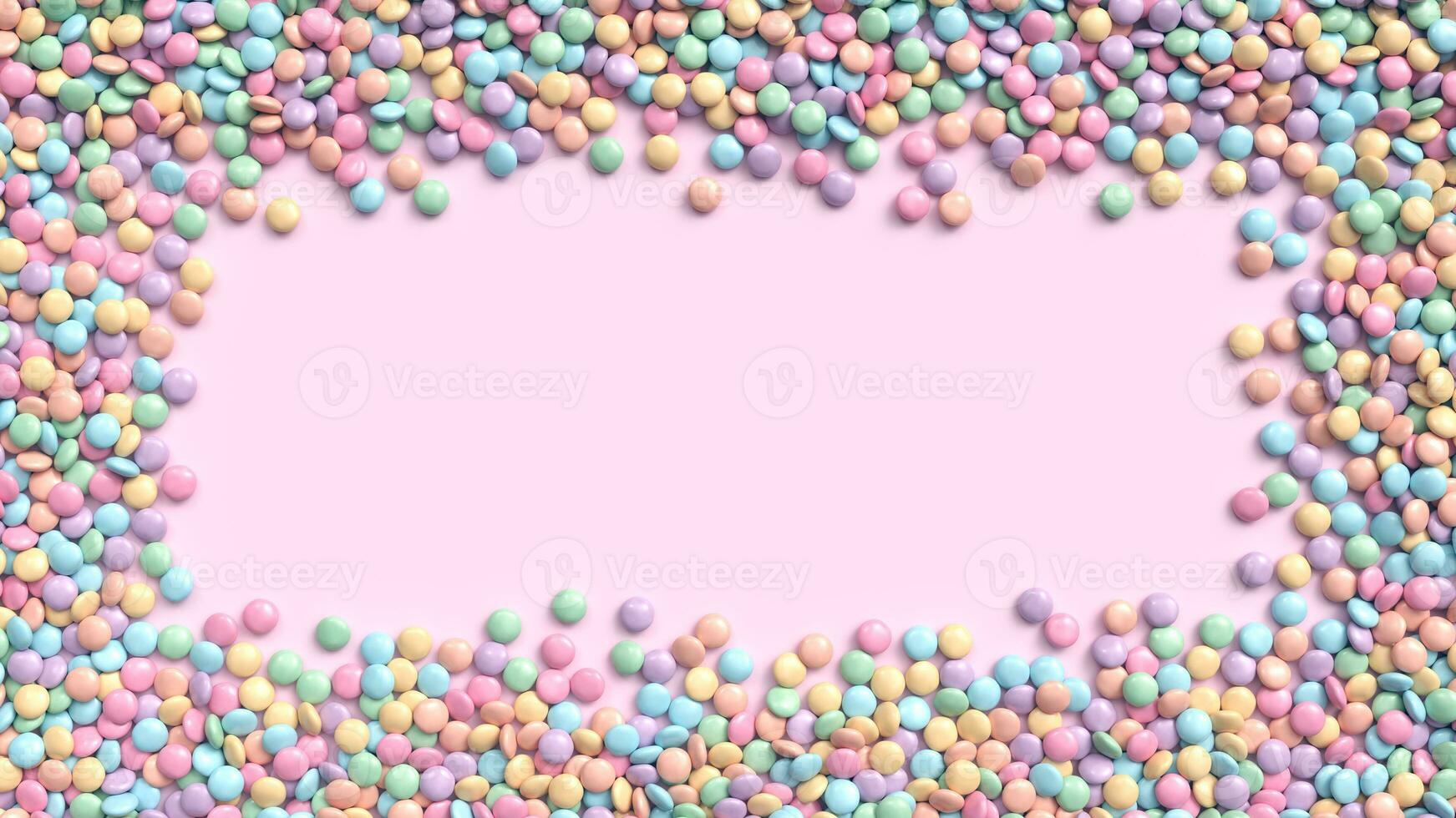 Colorful coated chocolate candies frame in pastel tones on bright pink background. 3d illustration photo