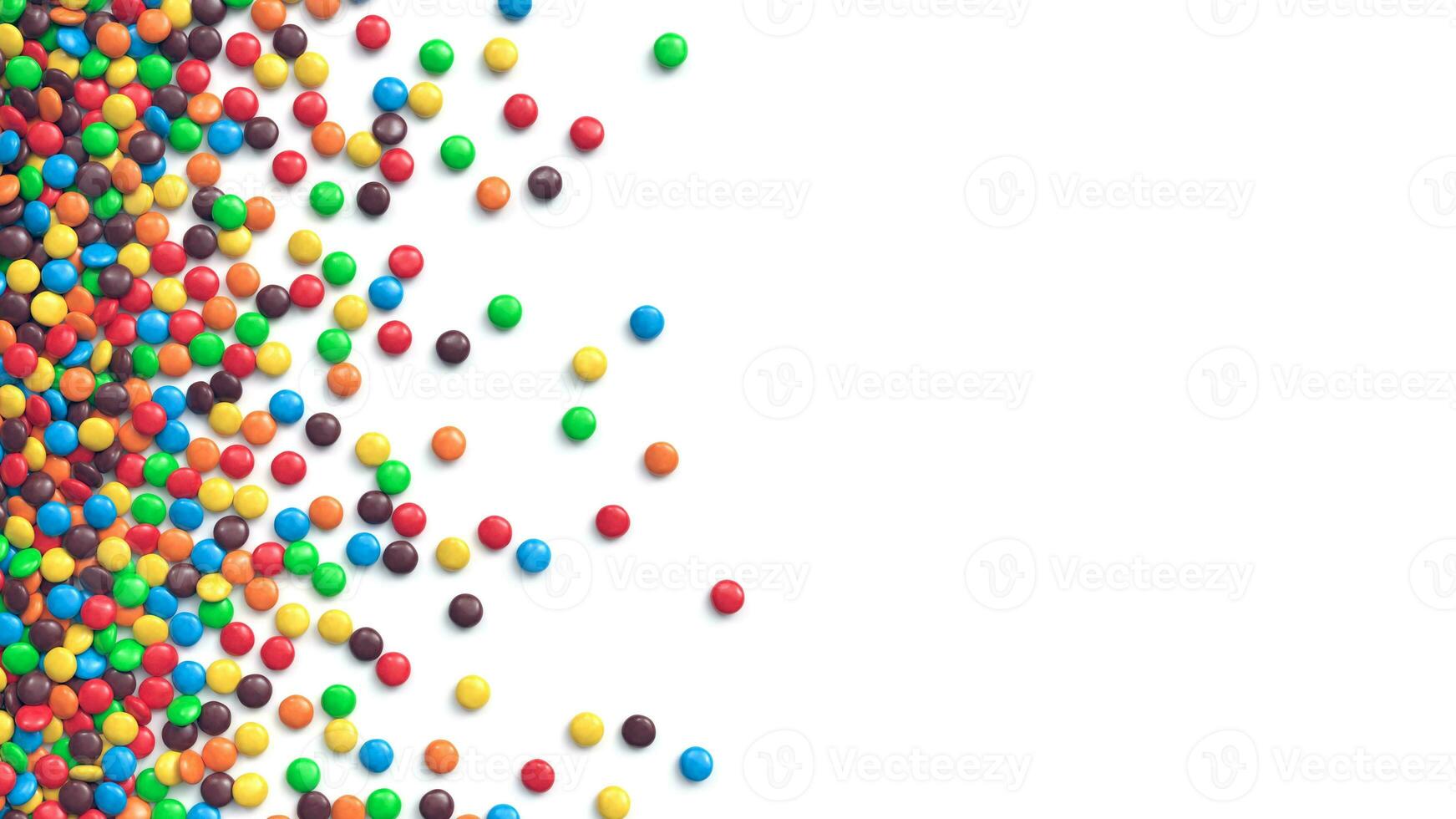 Colorful coated chocolate candies scattered on white background photo