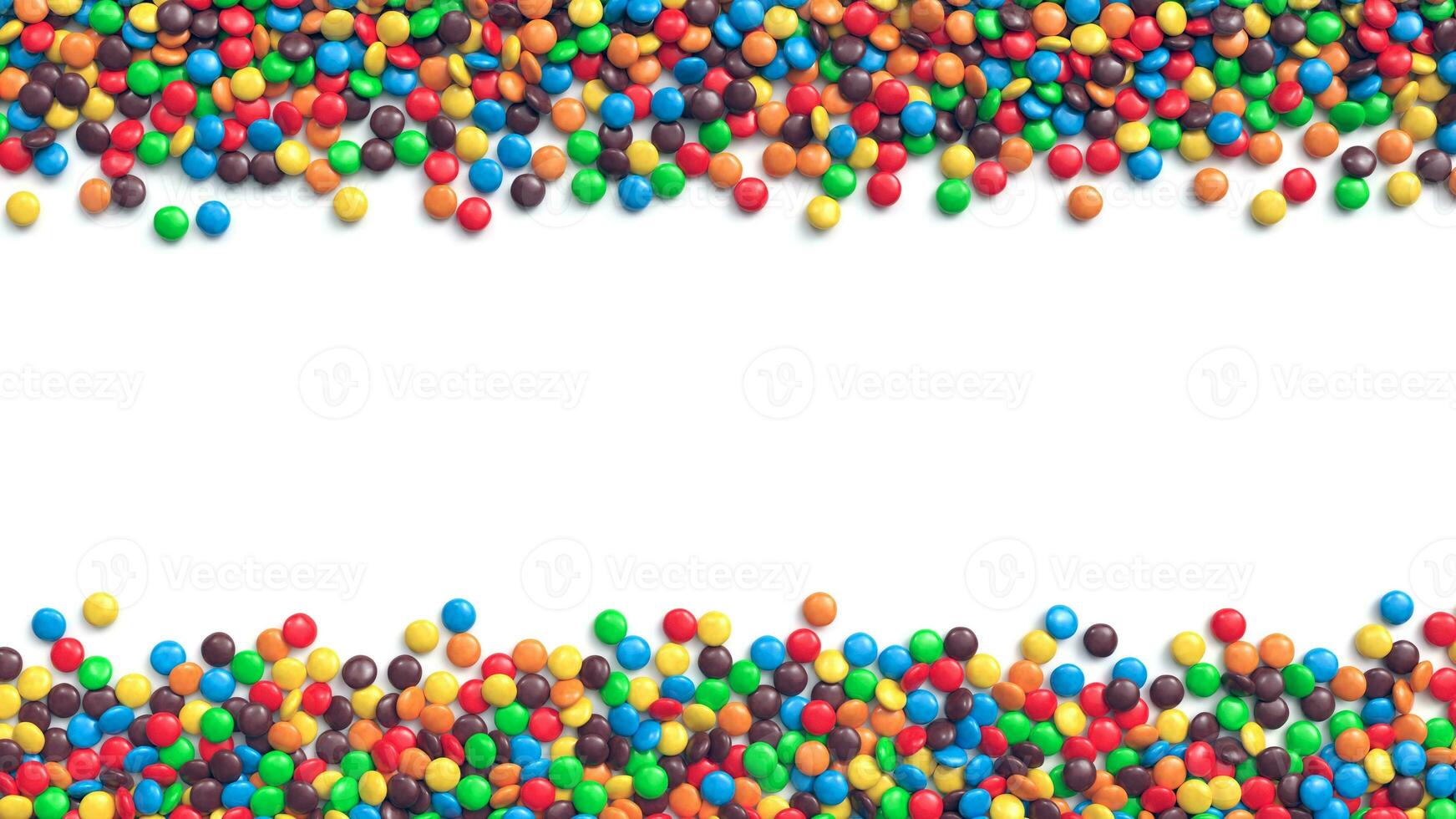 Double border of colorful coated chocolate candies on white background 3d rendering photo