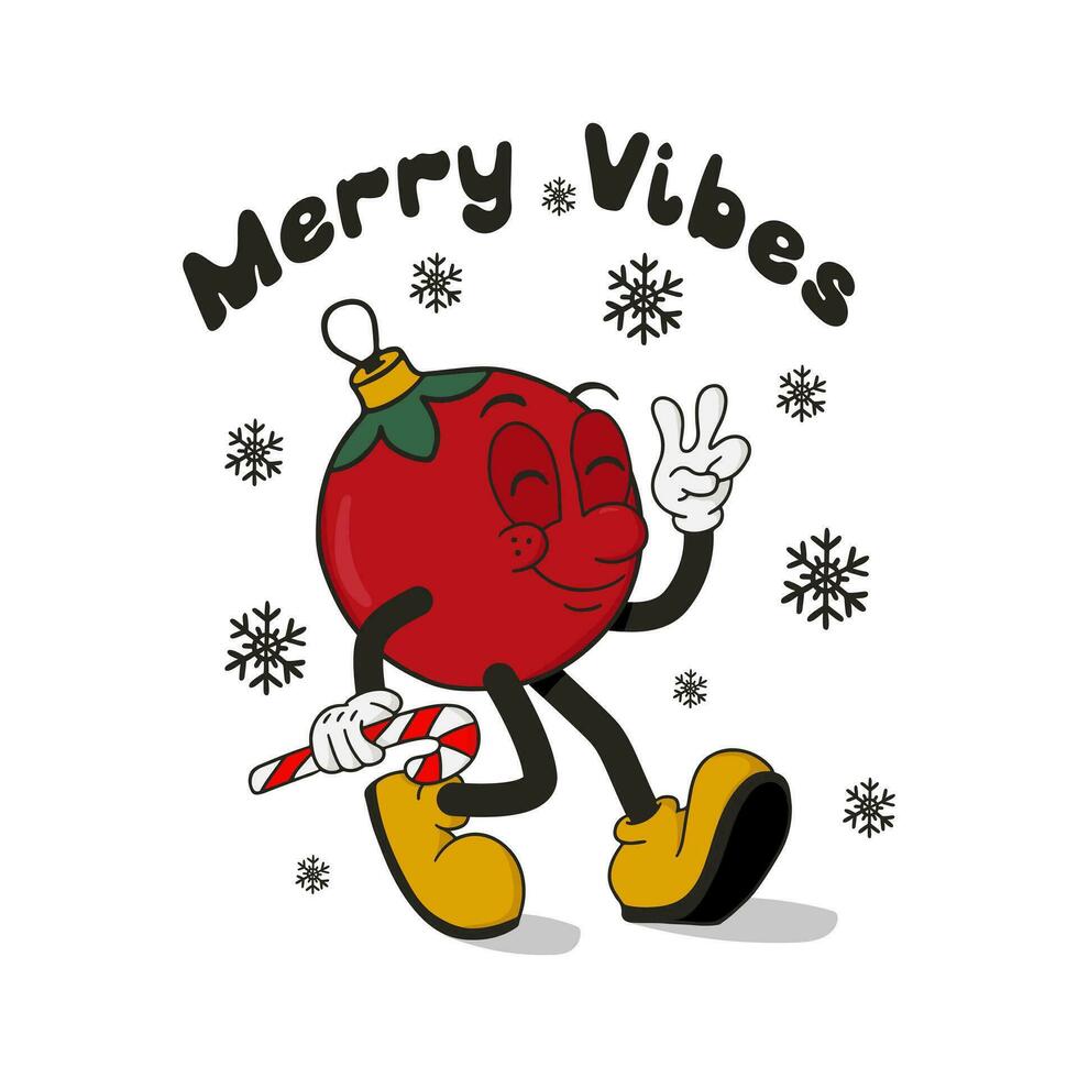Print design with old cartoon Christmas ball character and groovy slogan Merry Vibes. Funny vintage character and lettering in flat hand drawn style. Concept illustration in retro style for printouts vector