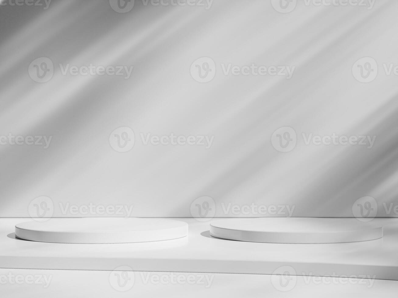 Empty white round podium, modern pedestal and platform, stand stage, cylinder, round empty stages with minimal shadow photo