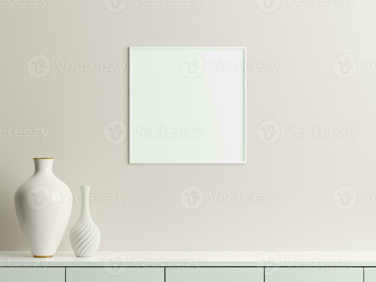 Frame mockup on white wall. Poster mockup. Clean, modern, minimal frame. Empty frame Indoor interior, show text or product photo