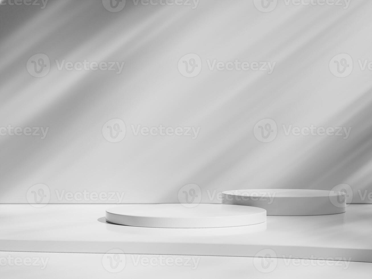 Empty white round podium, modern pedestal and platform, stand stage, cylinder, round empty stages with minimal shadow photo