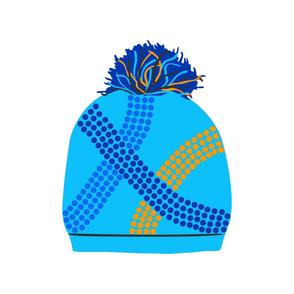 Women's hat with pompom. Winter clothes in cartoon style. Blue and orange colors. vector