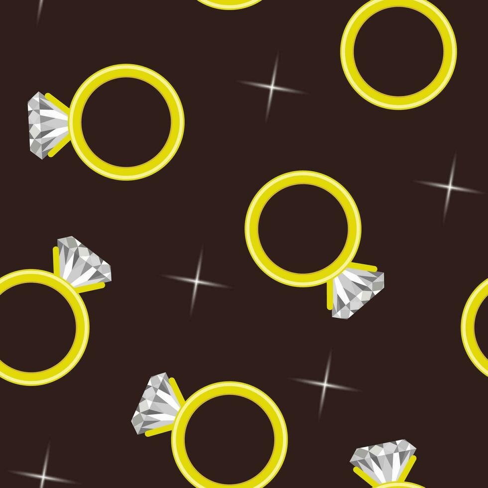 Engagement ring seamless pattern. Golden rings with diamonds. Dark background. Vector design.