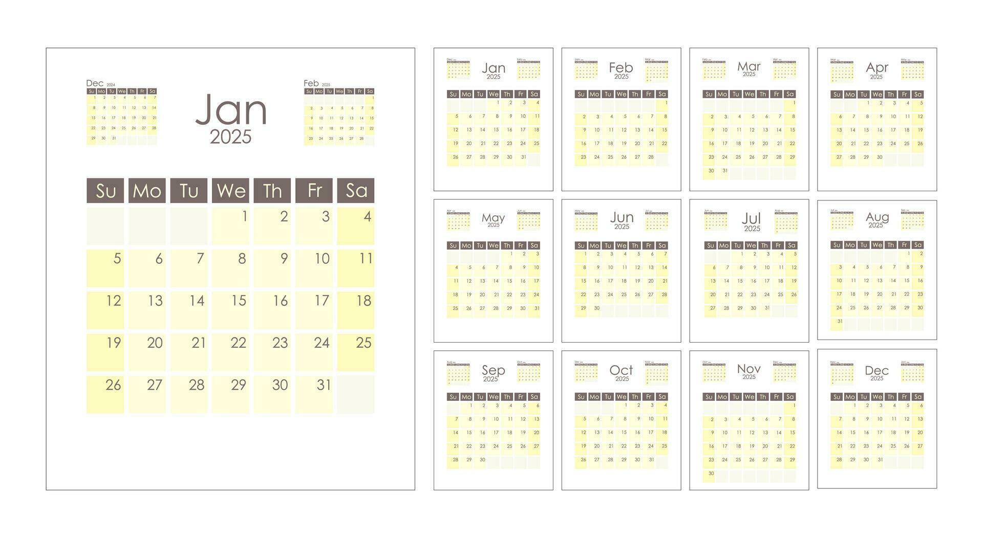 Calendar 2025 template vertical. Week starts on Sunday. With previous