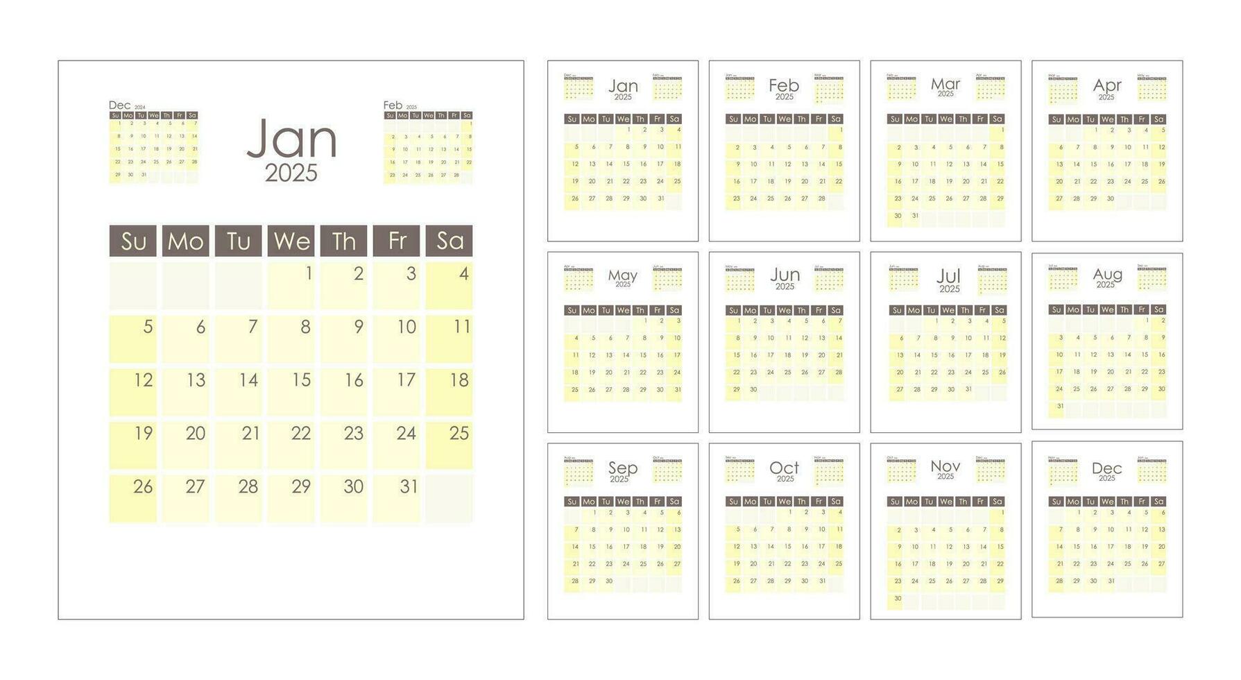 Calendar 2025 template vertical. Week starts on Sunday. With previous and next month miniature. Graphic design. Vector illustration.