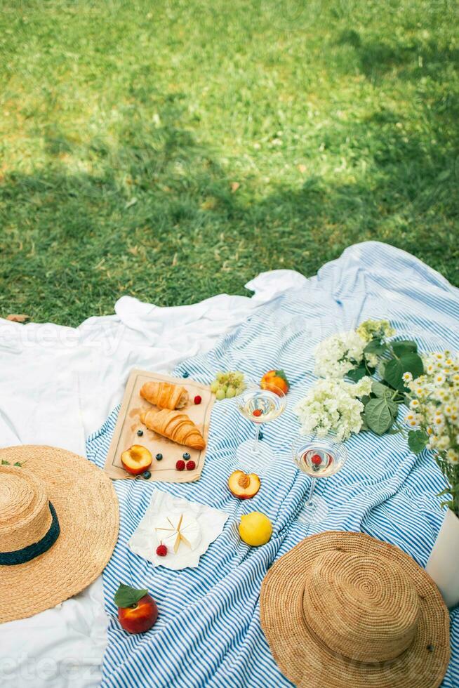 picnic con croissants y frutas en cobija en verano parque foto