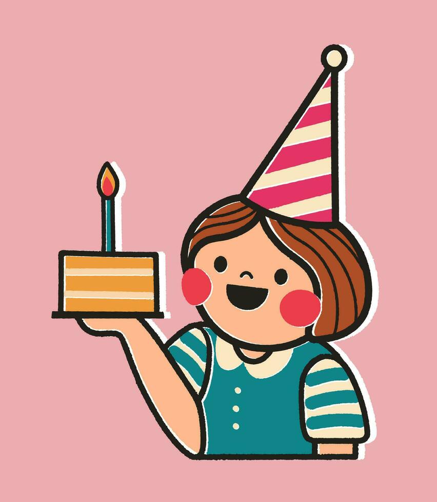 Birthday card with cartoon girl holding a cake illustration on pink background. Sticker style greeting card in retro style. Cute postcard for child or design for your brand. vector