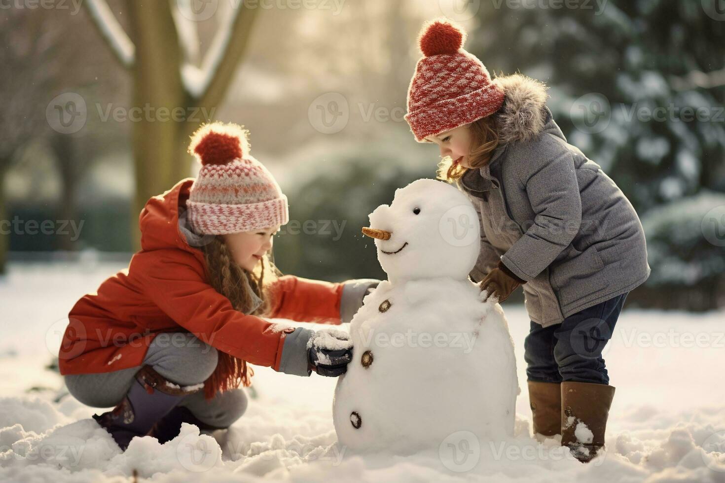 Two happy little girls making a snowman on a winter day in the park. AI generated. photo