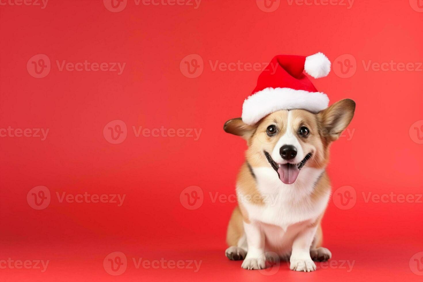 Happy cute corgi dog in Santa Claus hat on red background with copy space. Christmas and New Year celebration concept. AI generated. photo